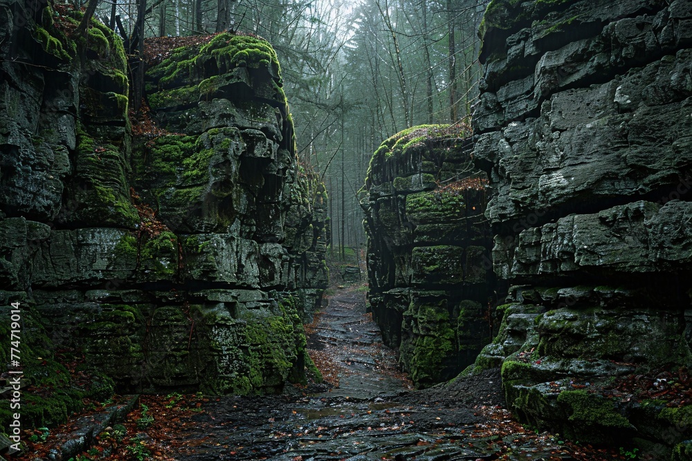 Poster foggy forest path generative ai
