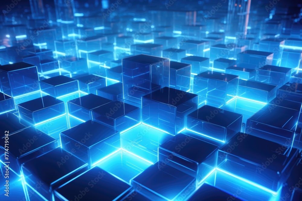 Poster 3d square and neon light line dark blue background, blue technology background with glowing cubes 3d