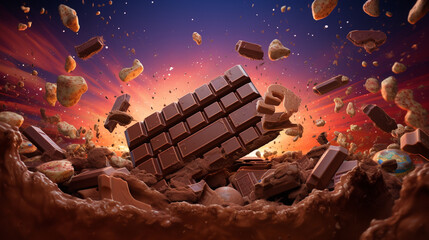 An HDR image of a whimsical chocolate bar, with pieces breaking off, depicted in a playful, animated style against a rich, brown background.