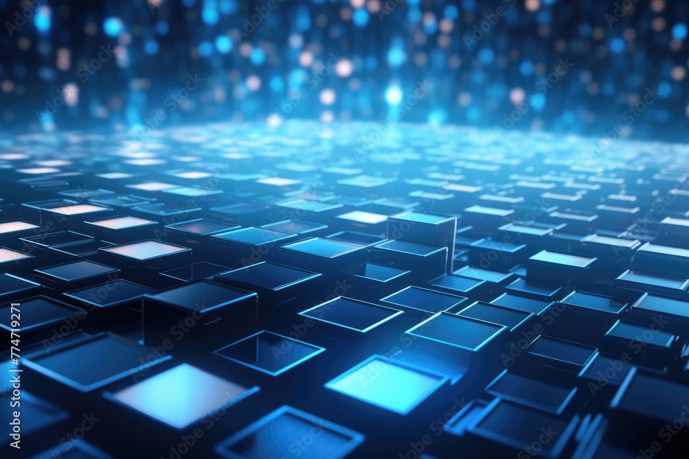 Poster 3d square and neon light line dark blue background, blue technology background with glowing cubes 3d