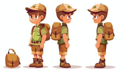 Cartoon little boy scout Flat vector isolated on white - obrazy, fototapety, plakaty