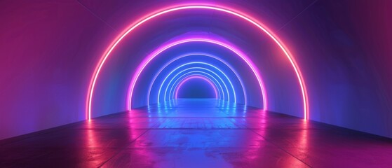 Rendering in 3D, abstract minimal background, glowing lines, arches, corridors, neon lights, ultraviolet spectrum, virtual reality, laser show