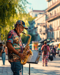 A musician is playing the saxophone on a busy street