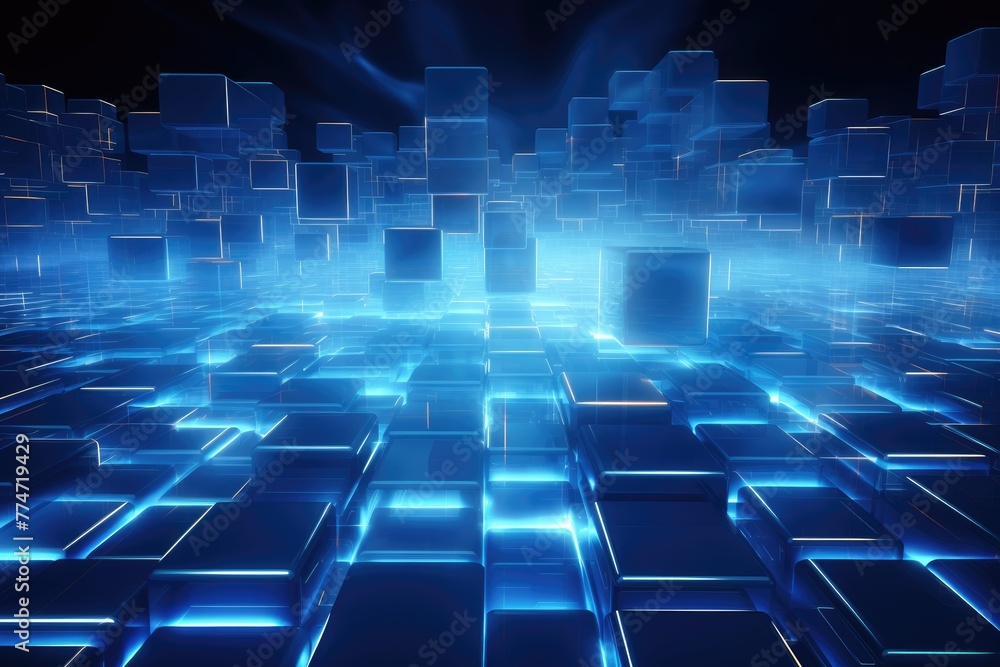 Poster 3d square and neon light line dark blue background, blue technology background with glowing cubes 3d