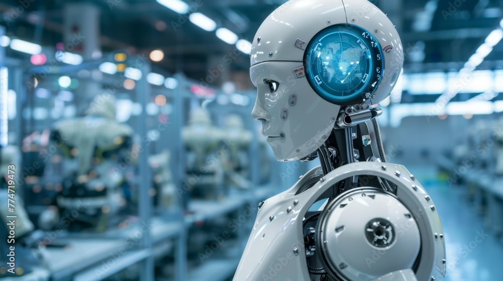 Poster Robot Standing in Factory Profile View