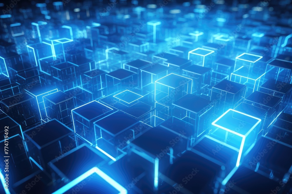 Poster 3d square and neon light line dark blue background, blue technology background with glowing cubes 3d