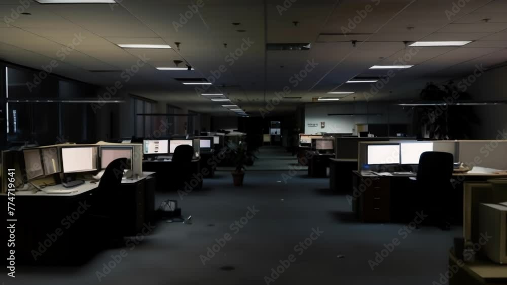 Poster a darkened office building with rows of empty desks a stark contrast to the usual bustling activity 