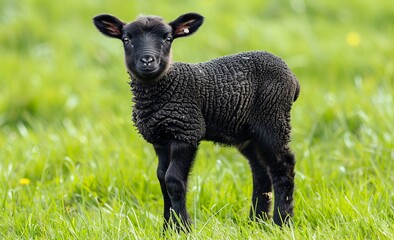 Fototapeta premium Little Lambie - A Cute and Adorable Black Sheep in a Field Generative AI