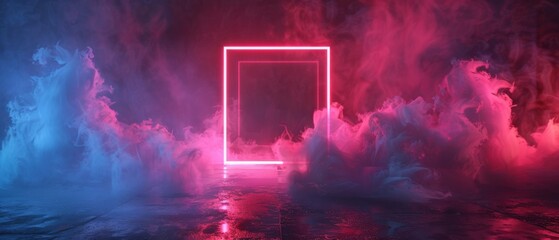 3D render, abstract background, square portal, red neon lights, virtual reality, glowing lines, pink blue light, ultraviolet spectrum, laser show, smoke, fog, terrain, ground