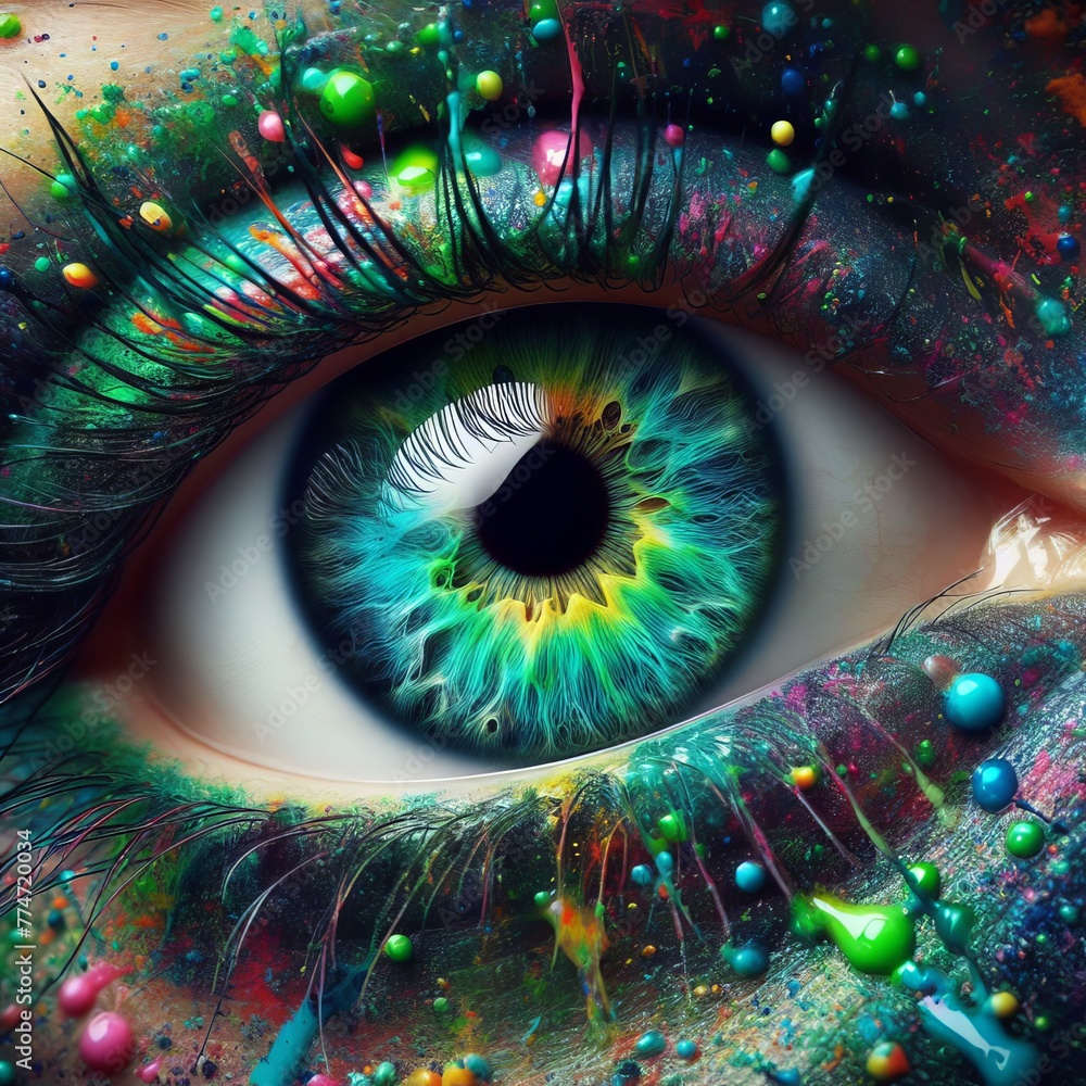 Poster an artistic macro shot of a human iris adorned with vibrant splatters of multicolored paint, ideal f
