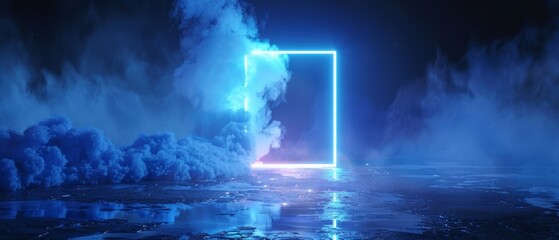 Abstract esoteric background, rectangular portal, glowing square frame, blue neon lights, virtual reality, energy source, blank space, laser show, smoke, fog, ground