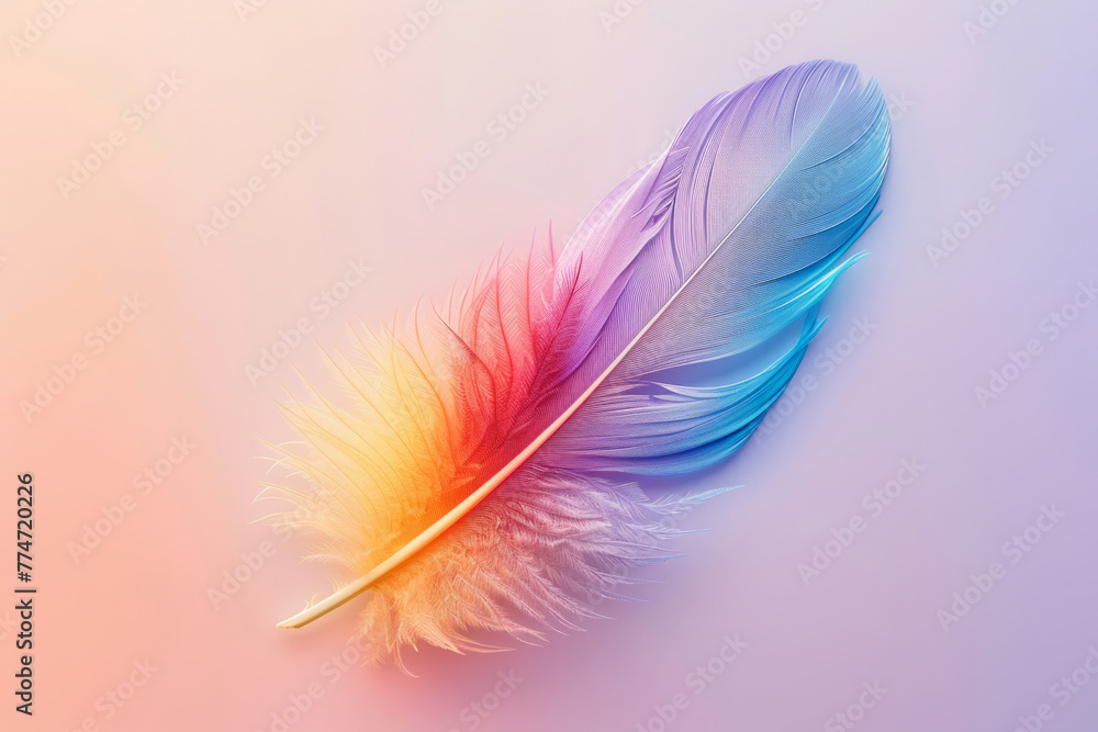 Aufkleber colored bird feather floating in air on gradient background