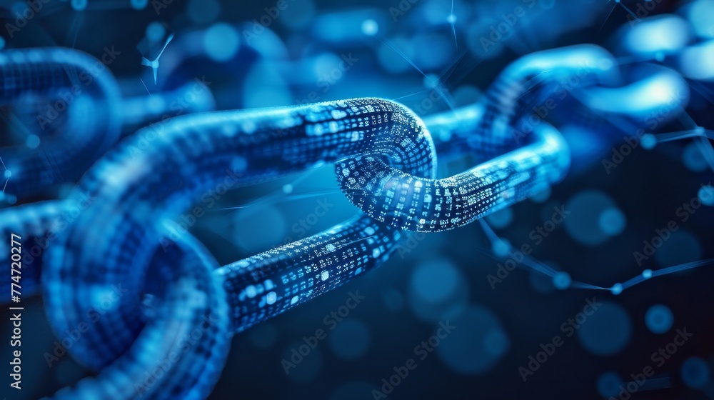 Poster Digital Chains Linking in a Network on a Blue Background