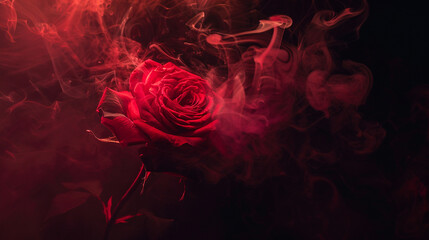 The graceful silhouette of a rose is accentuated by tendrils of scarlet smoke, weaving a captivating dance against a backdrop of profound darkness. 8K. - obrazy, fototapety, plakaty