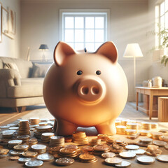Abundance in Savings: Large Piggy Bank with Coins in Daylight - obrazy, fototapety, plakaty