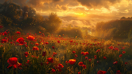 The magic of dawn breaking over a meadow alive with the fiery blooms of red poppies, painting the landscape in hues of gold and crimson. 8K
