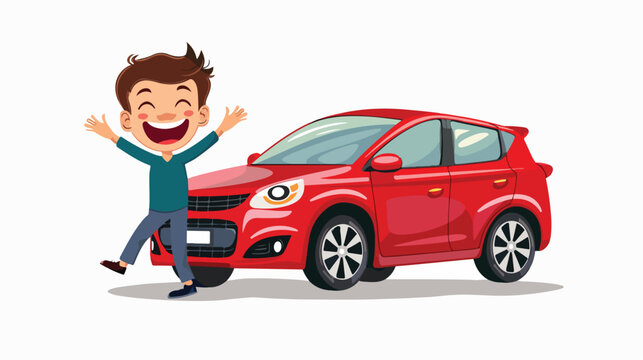 Cartoon little kid happy with red car Flat vector