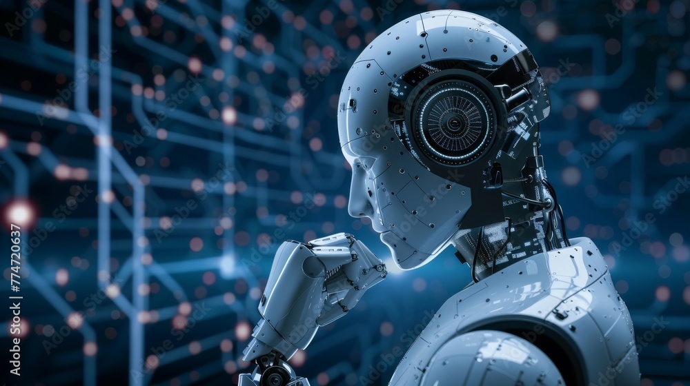 Poster robot listening to music with circuit board background