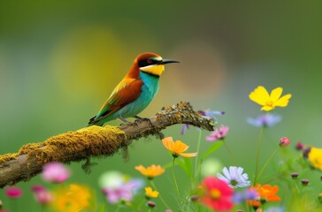 Fototapeta premium A Jewel in Bloom: Beeeater Among Wildflowers