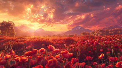 The magic of dawn breaking over a meadow alive with the fiery blooms of red poppies, painting the landscape in hues of gold and crimson. 8K - Powered by Adobe