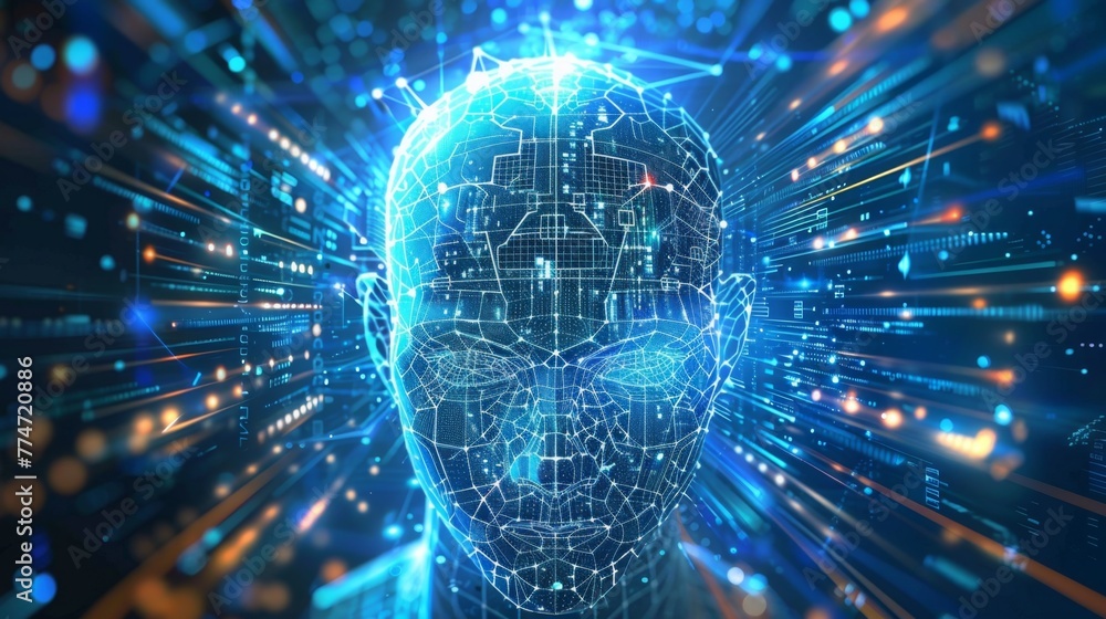 Poster Digital Human Head Representing Artificial Intelligence Against Data Stream Background