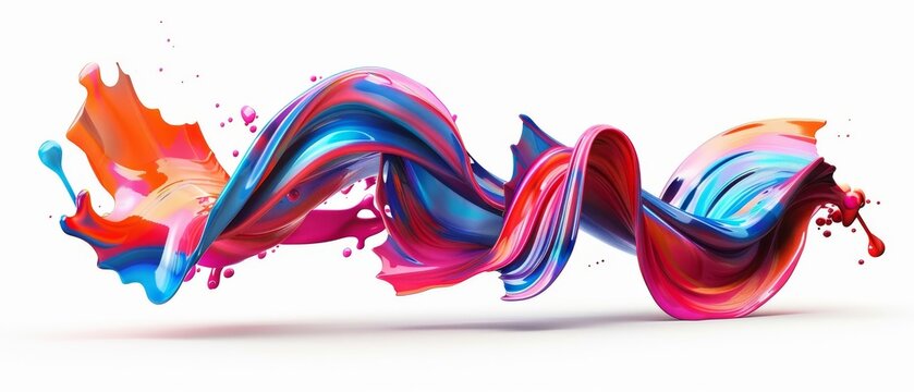 The image is rendered in 3D, with abstract brush strokes, splashes, dynamic splatters, colorful curls, artistic ribbons, isolated on a white background.