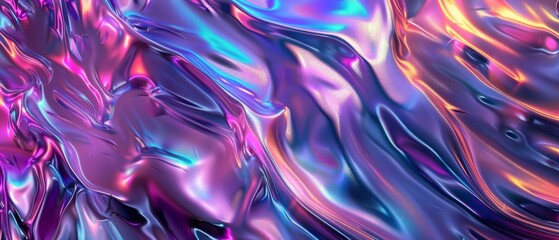 An abstract background with holographic foil, metallic texture, ultraviolet wavy wallpaper, fluid ripples, esoteric aura spectrum, bright hue colors, and an abstract background in 3D.
