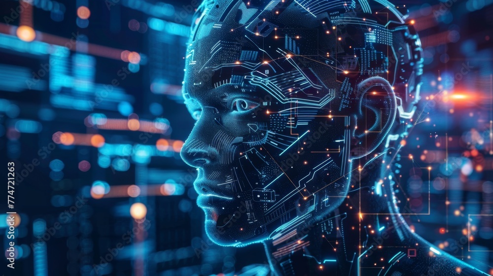 Poster digital human profile with ai circuitry overlay in blue tones