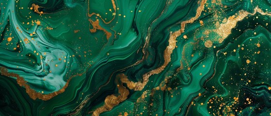 Background of an abstract design featuring a malachite green marble with gold glitter veins, a painted artificial marbled surface, and a fashion illustration showing fashion marbling. - obrazy, fototapety, plakaty