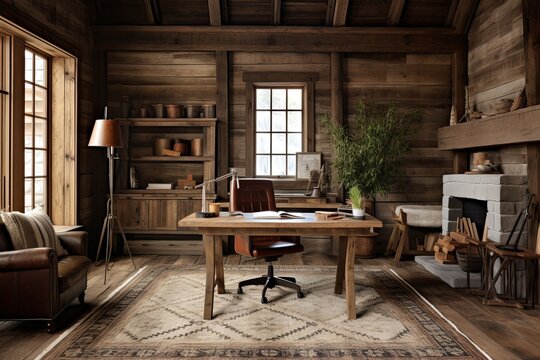 Vintage Rustic Farmhouse Office: Wooden Furniture, Rustic Style, & Vintage Rug Inspirations