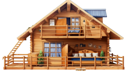 A cozy wooden house with a balcony, overlooking a lush garden, featuring a comfortable bed