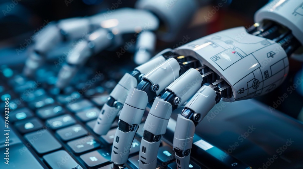 Poster robotic hands typing on laptop keyboard