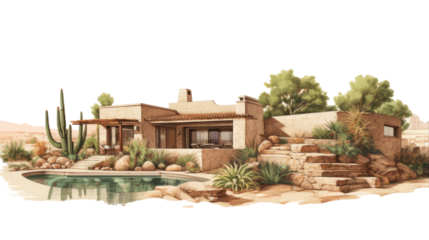 A vibrant painting of a house with a sparkling pool set in front of it