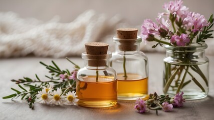 Obraz na płótnie Canvas Aromatherapy, small glass bottles with sprigs of flowers.