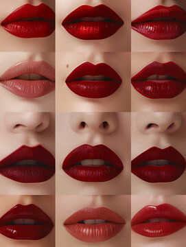 different red but instead of square red make it square of close up macro pocture of lips with different red lipstick and skin color variation