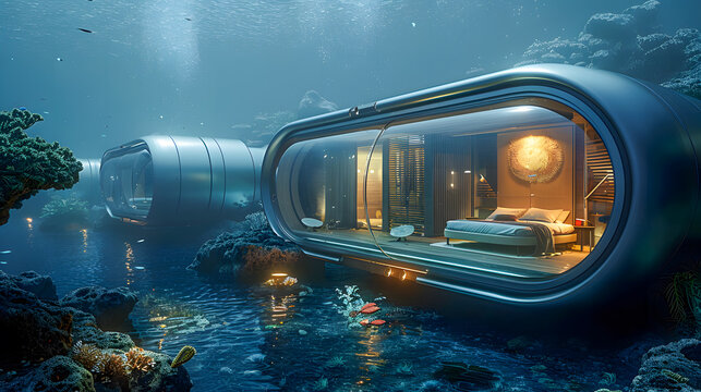 A luxury underwater hotel with transparent walls