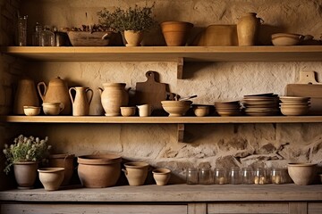 Fototapeta na wymiar Rustic Italian Kitchen: Rustic Wood Shelves & Open Storage for Displaying Dishes