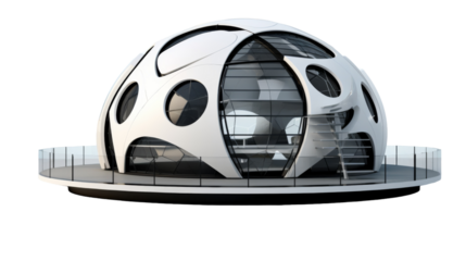 A futuristic building with a circular roof stands out against the sky