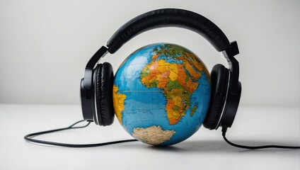 Stereo headphone and a globe on a white background 