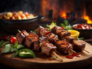 Beef Kabobs, beef skewers, marinated steak pieces to infuse with extra flavour and tenderise - obrazy, fototapety, plakaty