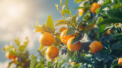 Delicious juicy tangerines growing on a tree against a blue sky