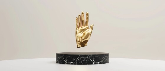 Three-dimensional render of golden hand, palm, black marble pedestal isolated on white background, gold round frame, blank cylinder podium, abstract concept, luxury minimal design concept.