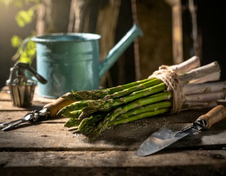 A bundle of asparagus with vibrant green stalks, freshly picked and resting on a rustic wooden table surrounded by garden tools, under the soft light of morning