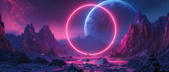 Fototapeten Abstract neon background, mystical cosmic landscape, pink blue glowing ring over terrain, square frame, virtual reality, dark space, ultraviolet light, crystal mountains, rocks, ground. © Mark