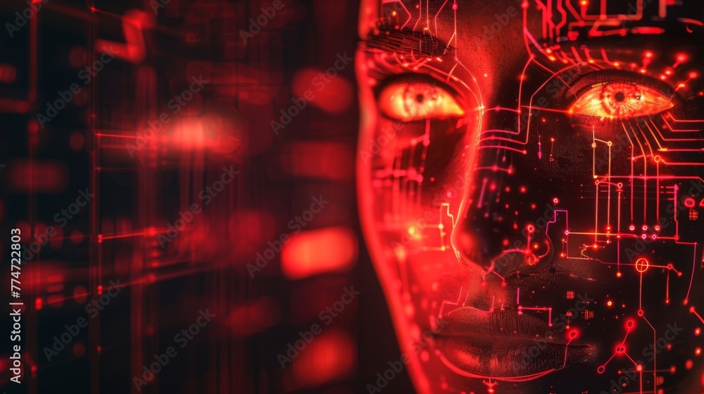 Poster Artificial Intelligence Concept: Digital Face With Circuit Patterns