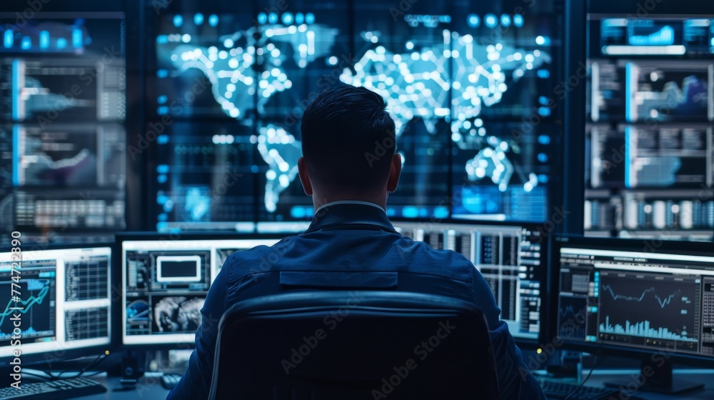 Aufkleber Man Sitting in Front of Multiple Computer Monitors