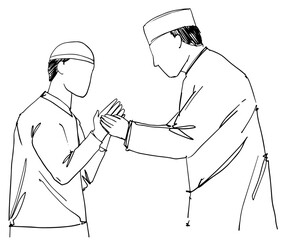 Happy Eid Mubarak greeting with a Muslim family. Continuous line drawing vector illustration.