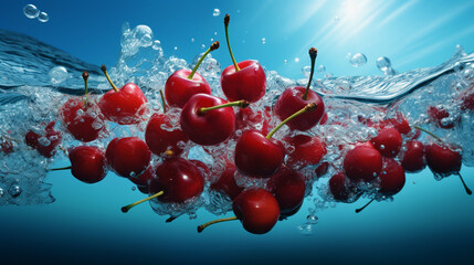 A high-definition HDR image of a bunch of cherries falling into water, with the bright red cherries creating a striking contrast against the blue water. - Powered by Adobe