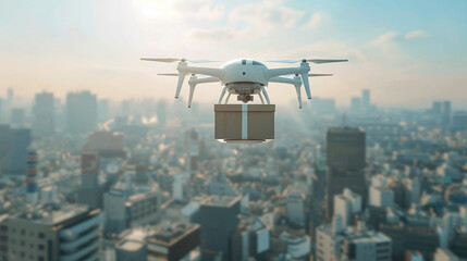 Fototapeta na wymiar A drone with a cardboard box delivers an order. Delivery of the future