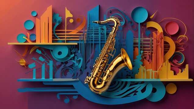 Vector layered paper cut craft style music composition of saxophone guitar trumpet violin music instruments, notes on abstract color background 